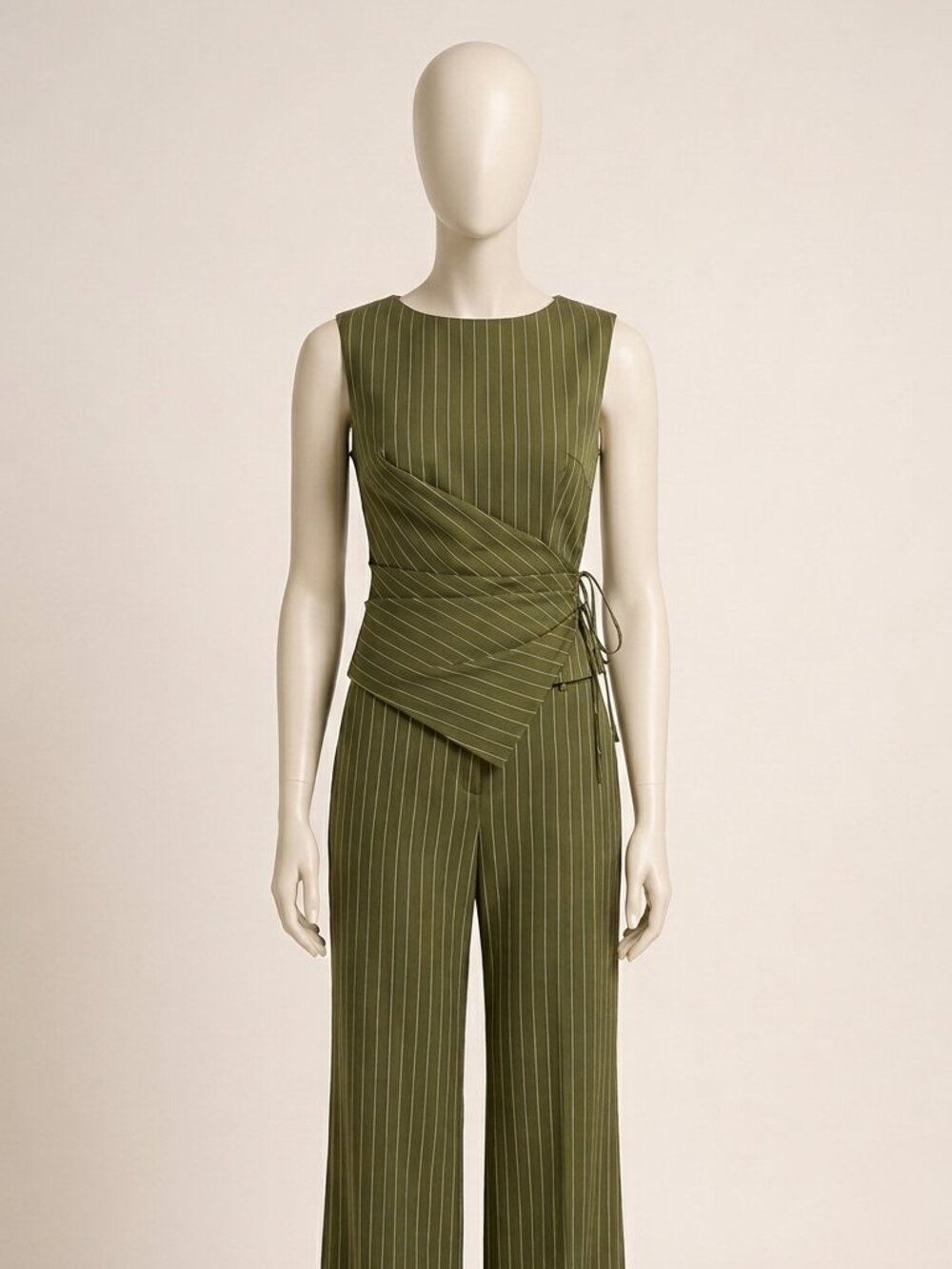 Cider Striped Boat Neck Wrap Top Straight Leg Trouser 2-Piece Set Green S